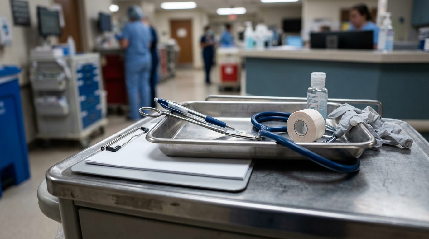 A medical instrument cart holds a metal tray with a stethoscope, scissors, tape, gloves, a pen, and a bottle in a clinical workstation, with staff blurred in the background.
