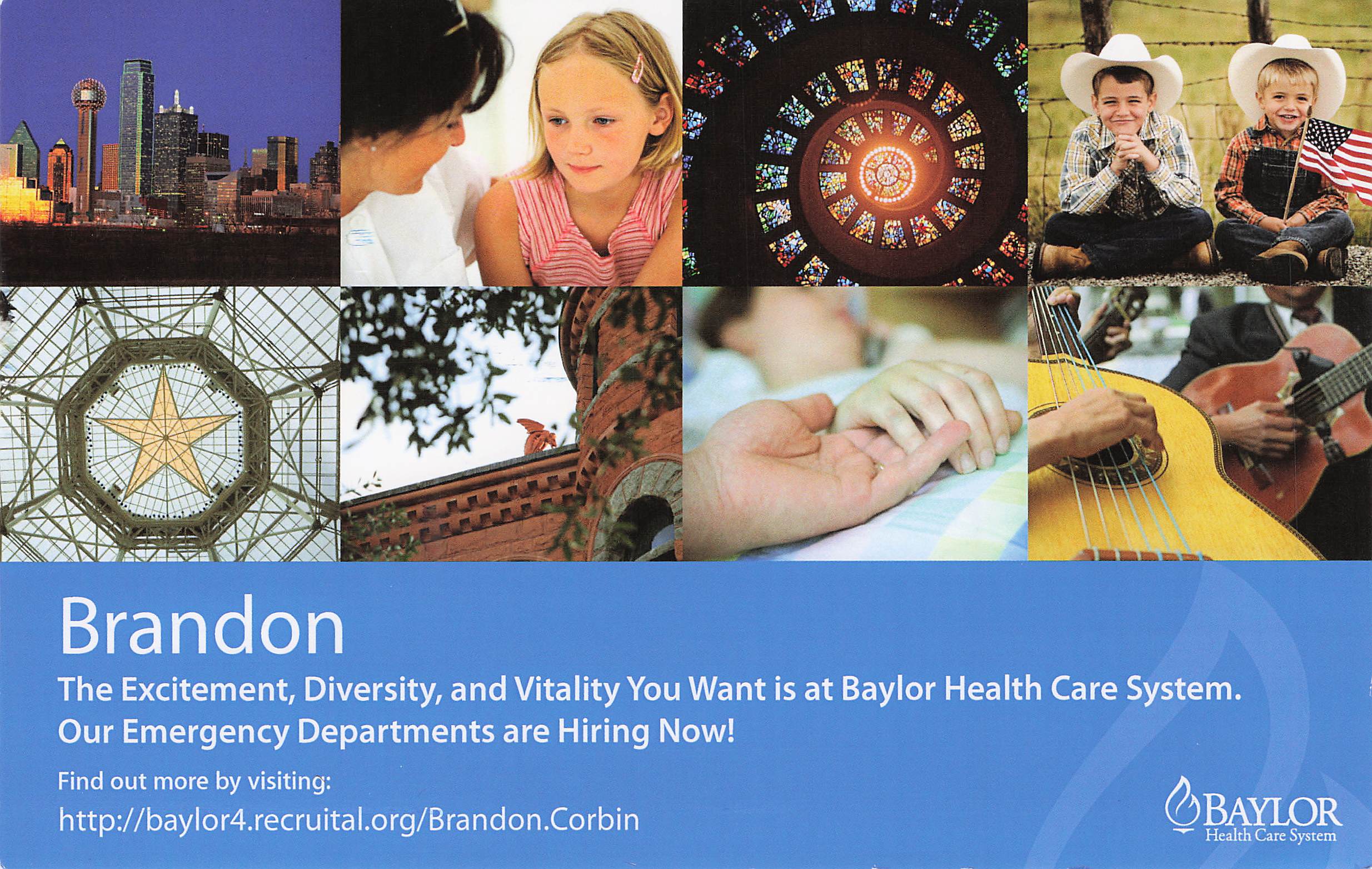 Baylor Health Care System postcard addressed to Brandon with a photo grid of Dallas life, announcing emergency department hiring