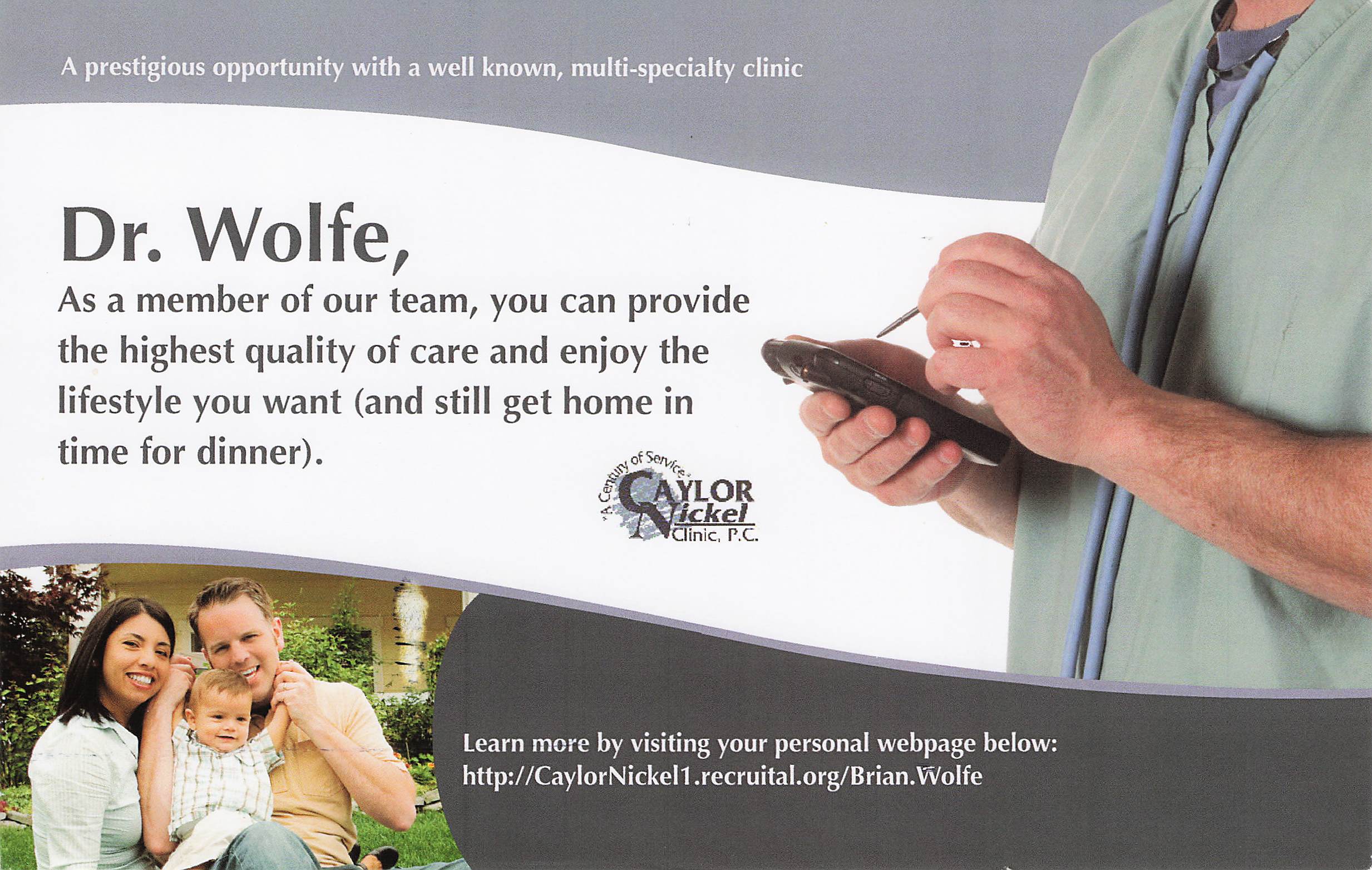 Caylor-Nickel Clinic postcard addressed to Dr. Wolfe about a multi-specialty clinic opportunity