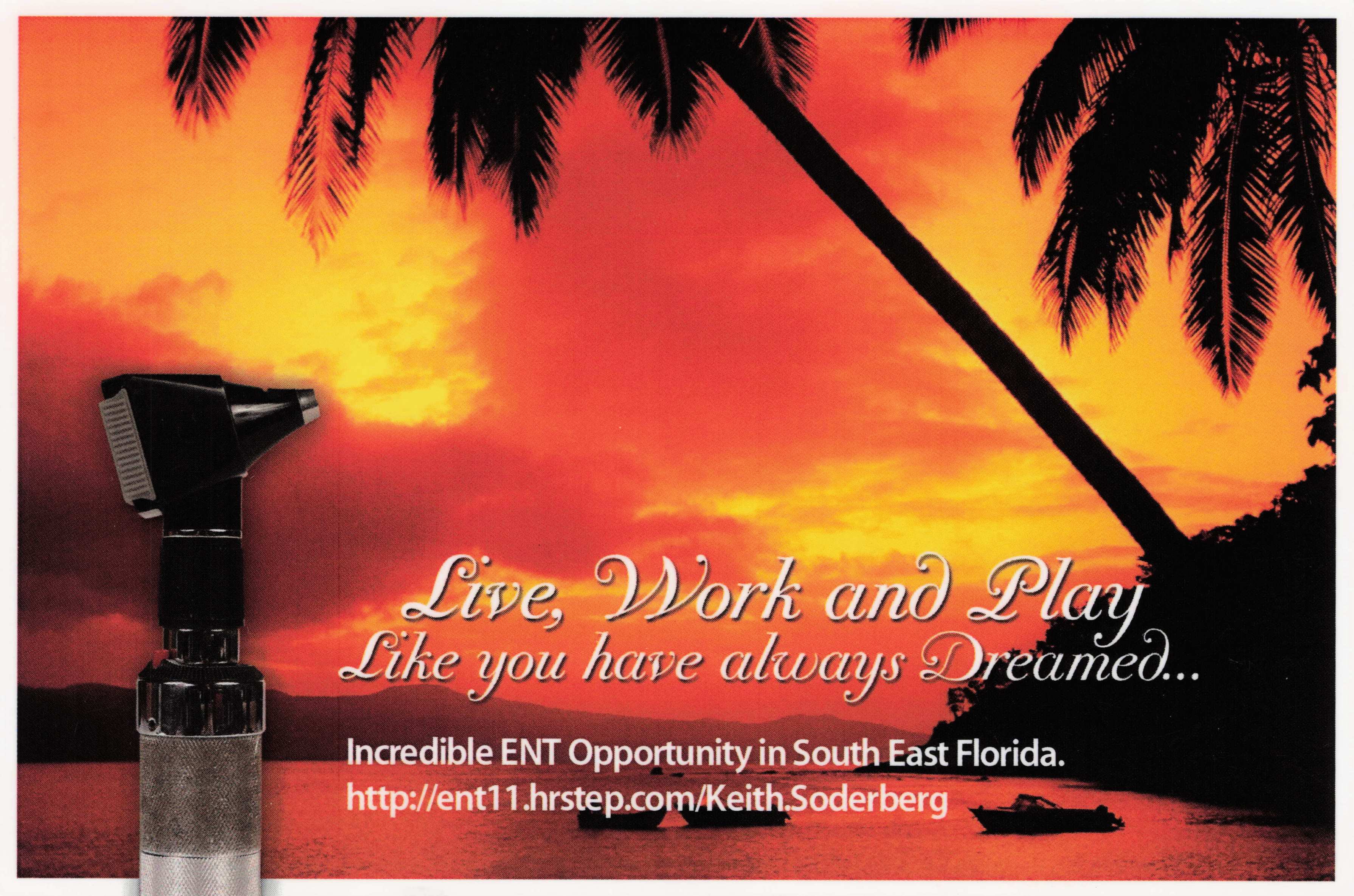 Postcard for an ENT opportunity in South East Florida showing a palm-lined sunset and an otoscope
