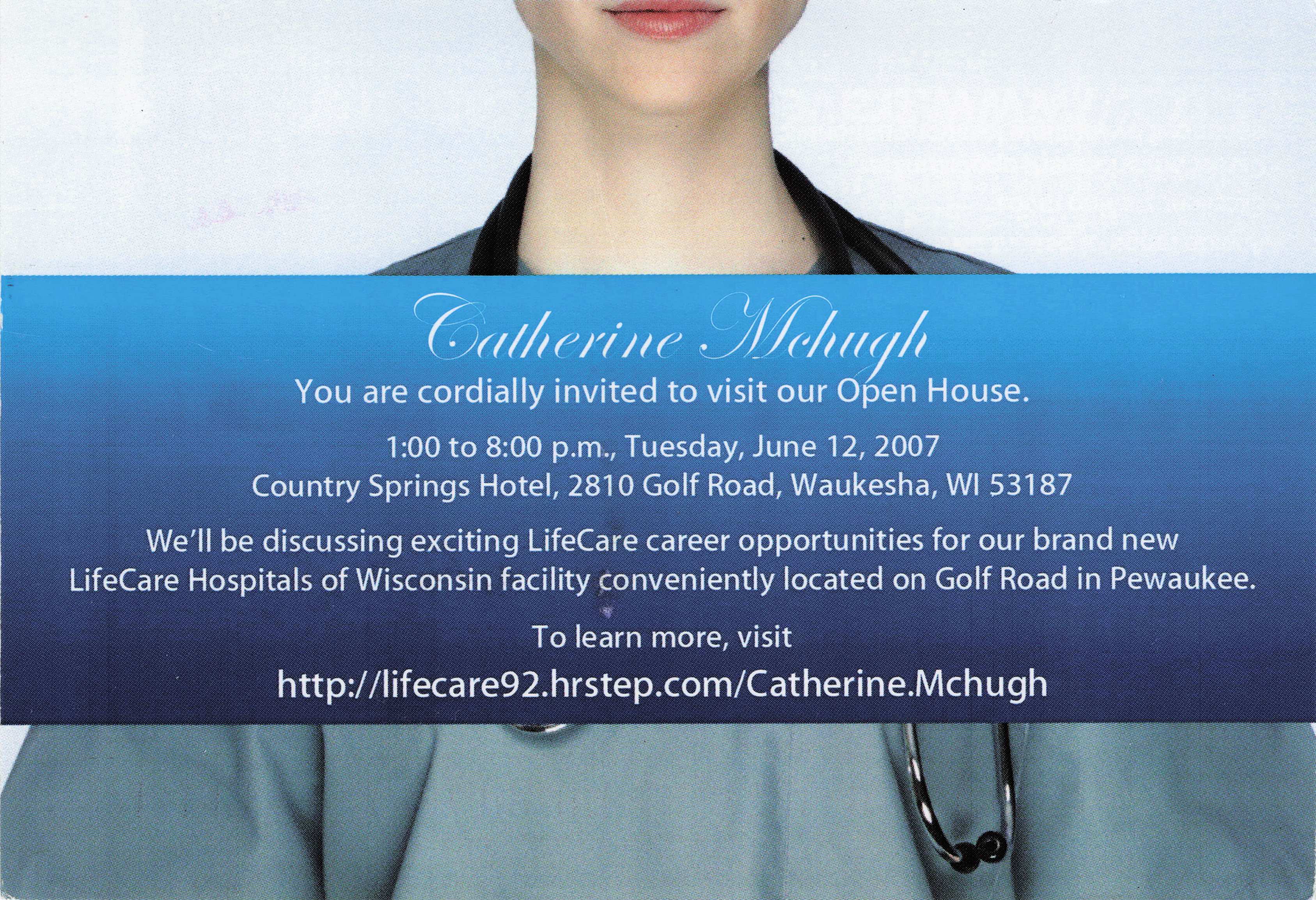 LifeCare Hospitals of Wisconsin postcard inviting Catherine to an open house in Waukesha