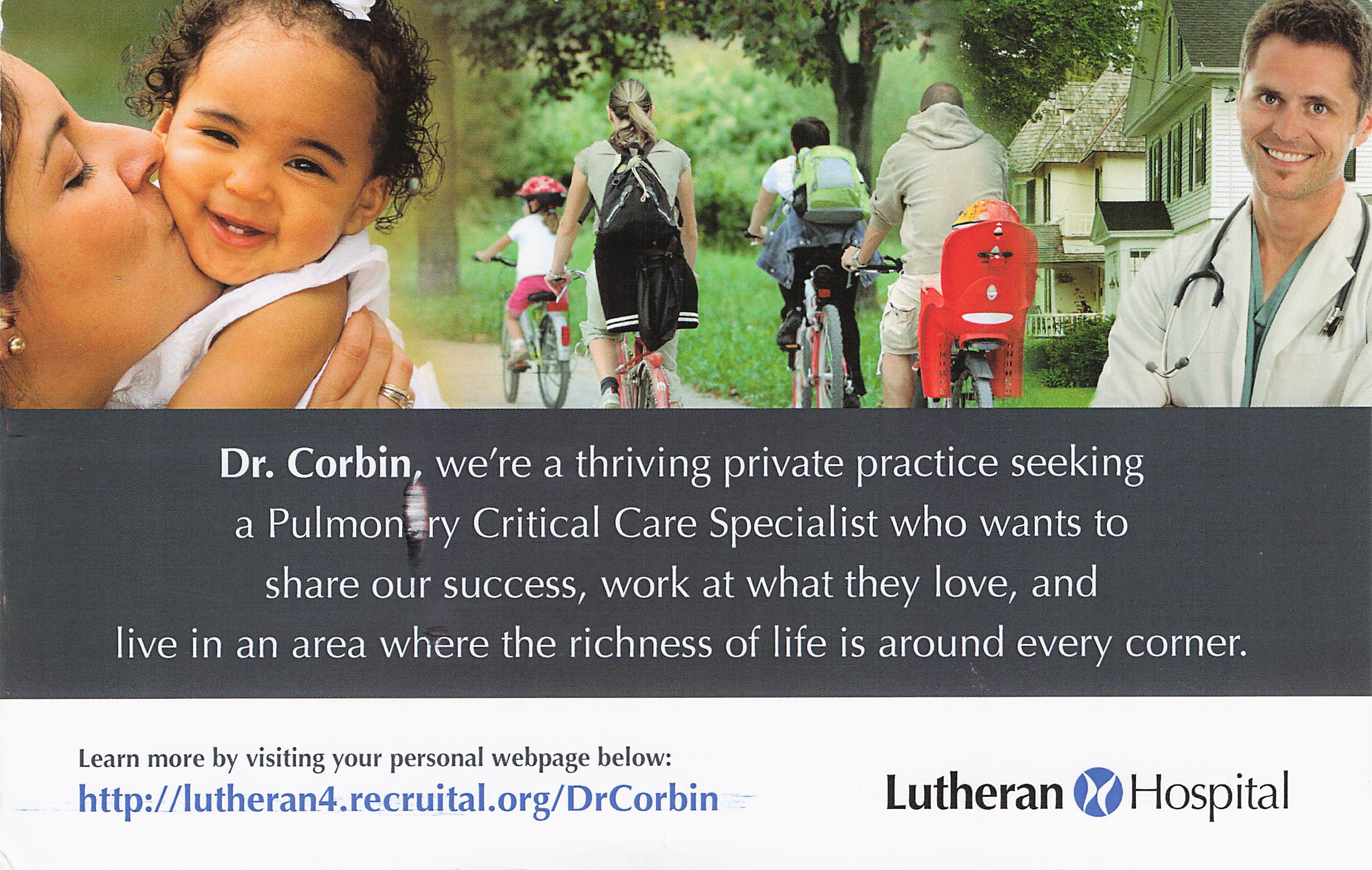 Lutheran Hospital postcard addressed to Dr. Corbin about a pulmonary critical care practice, with family and neighbourhood photography