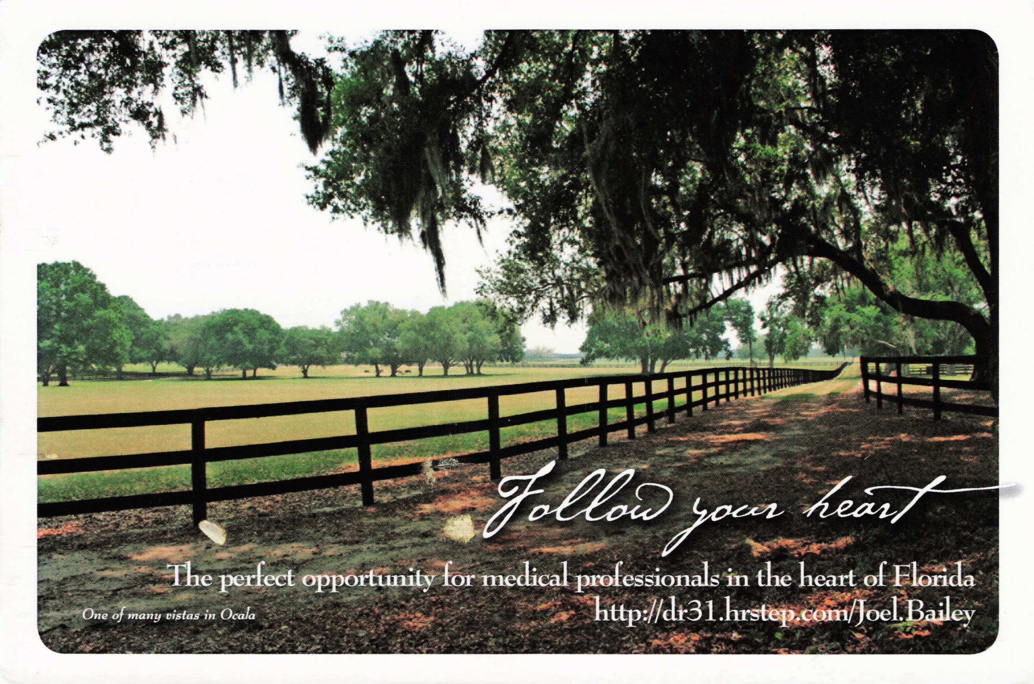 Follow your heart postcard showing an Ocala horse-farm vista, recruiting physicians to central Florida