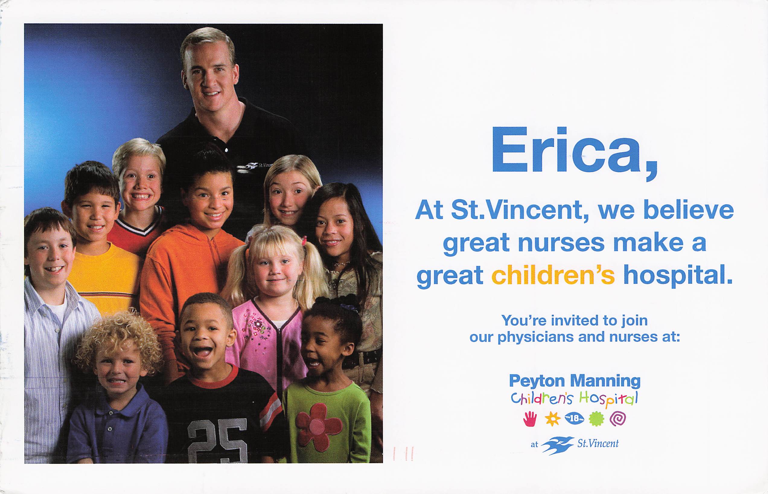 Peyton Manning Children's Hospital postcard addressed to Erica, headlined great nurses make a great children's hospital