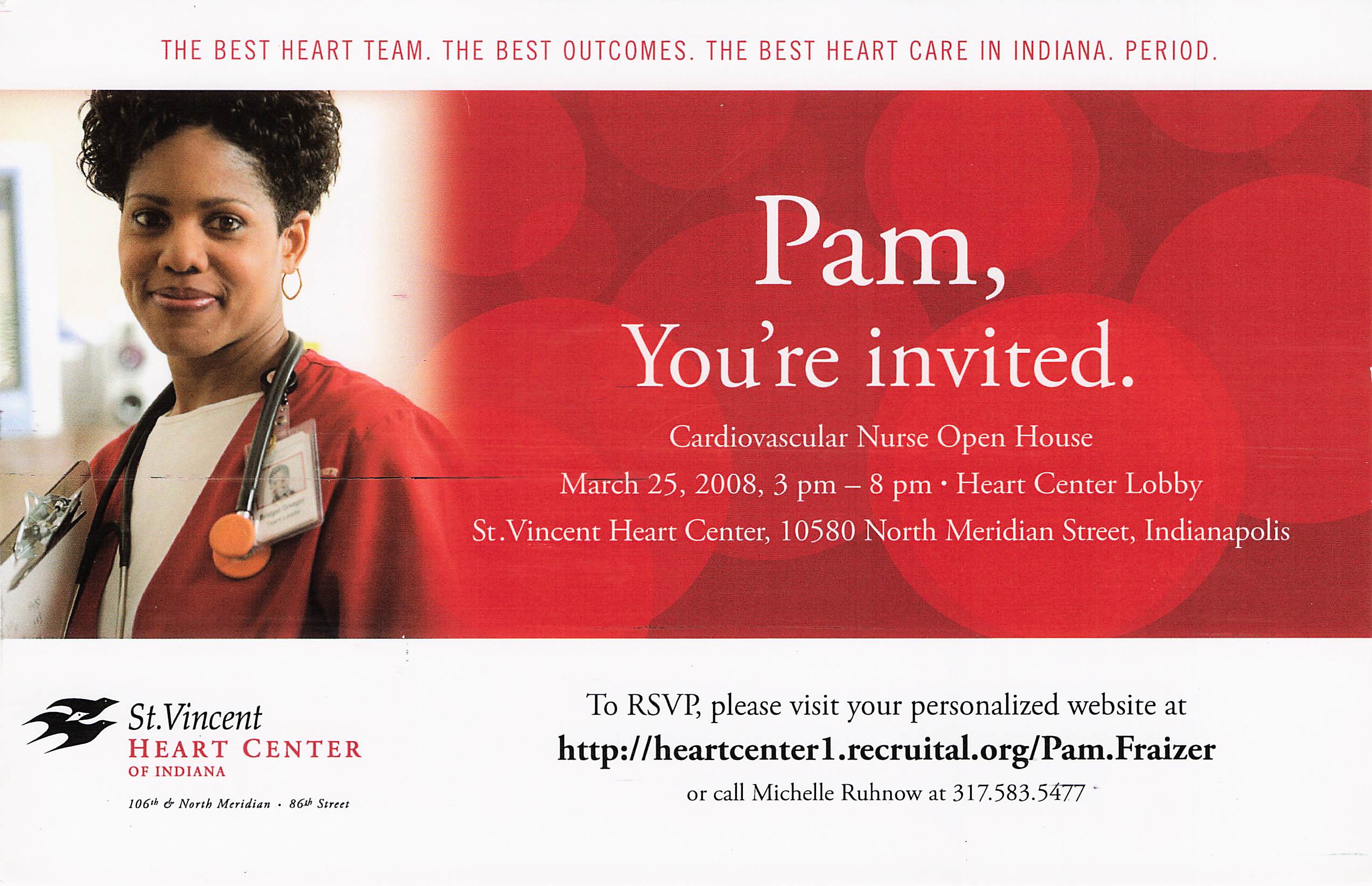 St. Vincent Heart Center of Indiana postcard, Pam you're invited, for a cardiovascular nurse open house