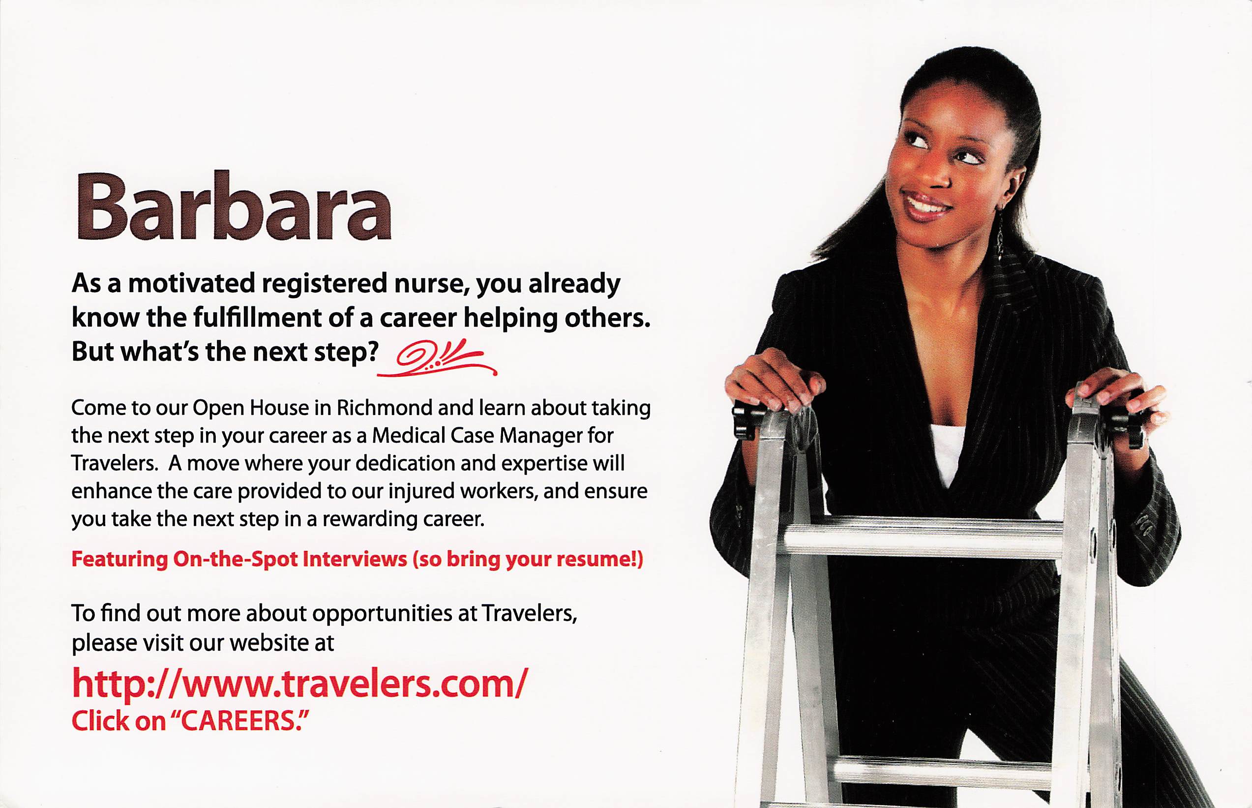 Travelers postcard addressed to Barbara, a registered nurse, about becoming a medical case manager
