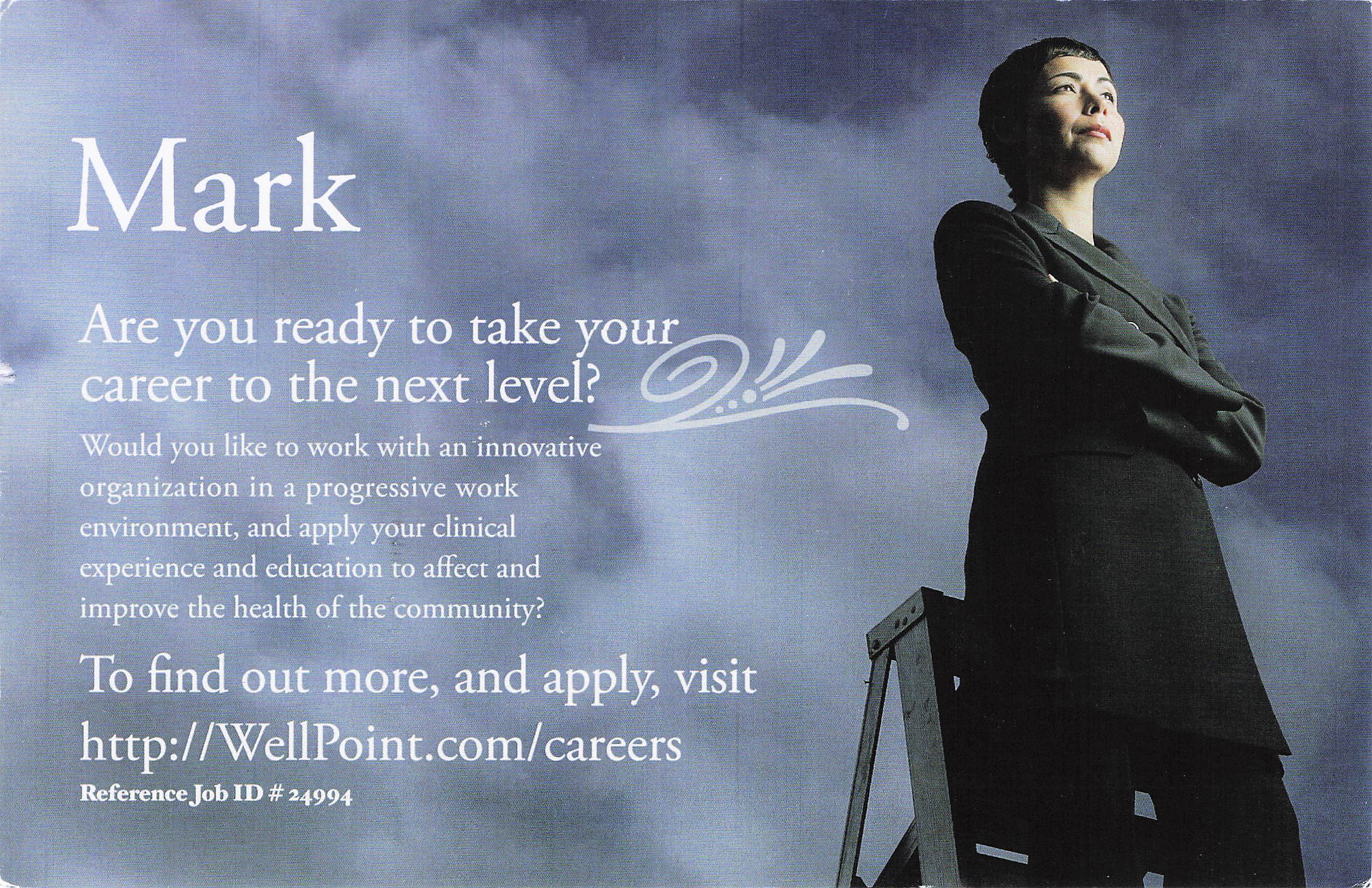 WellPoint postcard asking Mark if he is ready to take his clinical career to the next level