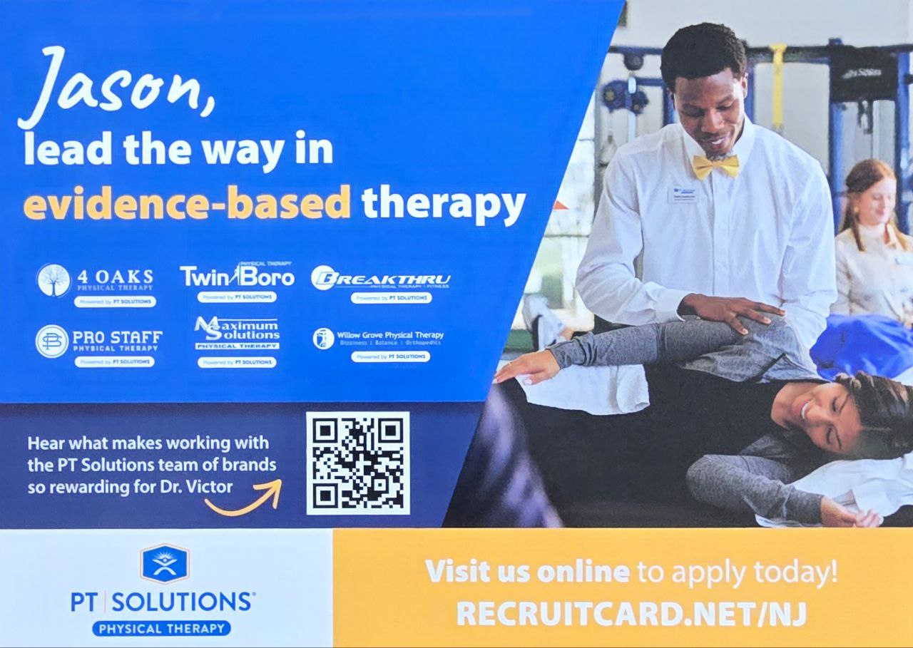 A RecruitCard recruitment postcard personalized to a physical therapist, with employer logos, a QR code and an apply URL